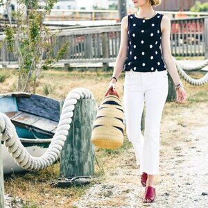 ANTHRO ODILLE Linen Navy Beaded Polka Dot Top, 0